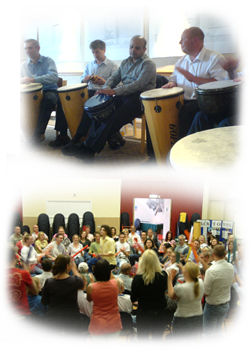 Drumming Circle Workshops or Boomwhacker Conference Energiser activities suitable for a handful upto hundreds.